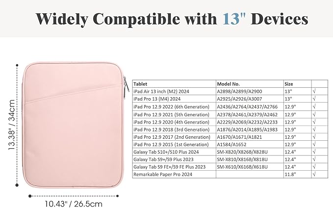 TiMOVO 13 Inch Tablet Sleeve with Pocket for iPad Air 13" M3 2025, iPad Pro 13"/12.9", Galaxy Tab S9/S10 Plus/S9 FE+ 12.4", Remarkable Paper Pro 11.8", Pink