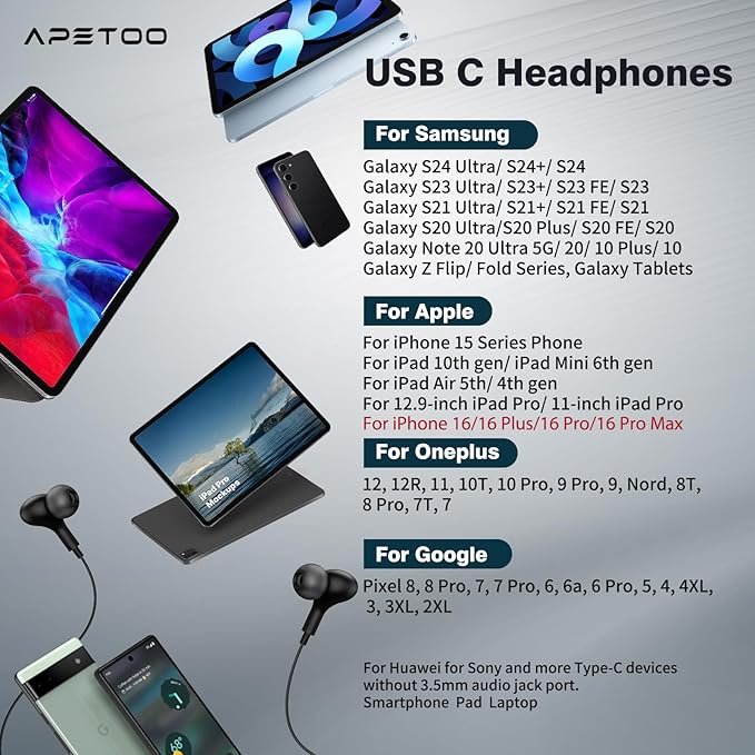 APETOO USB C Headphone for Samsung Galaxy S24 S25 Ultra S23 S26 S22 S21 A17 A54 Magnetic Wired Earbuds Noise Canceling in-Ear Type C Earphone Microphone Stereo Bass for iPhone 17 16 15 Pro Max/Pixel
