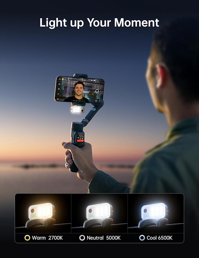 Hohem iSteady V3 Ultra Gimbal Stabilizer for iPhone, AI Tracker with Light, 1.22" Full-color Touchscreen Remote Control, Built-In Extension Rod & Tripod, 360° Infinite Tracking, Video Recording, Black
