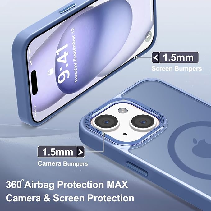 Newfuture Magnetic for iPhone 15 Case [Compatible with Magsafe] [Military Grade Drop Protection] Translucent Matte Anti-Fingerprint Shockproof Phone Case for iPhone 15 6.1 inch, Light Blue