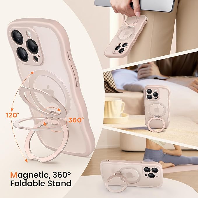 CAPRARO for iPhone 14 Pro Max Case with 360° Spin Magnetic Stand for Women, [Compatible with MagSafe] [Full Camera Protection] Cute Wave Translucent Matte Case for iPhone 14 Pro Max, Rose Gold
