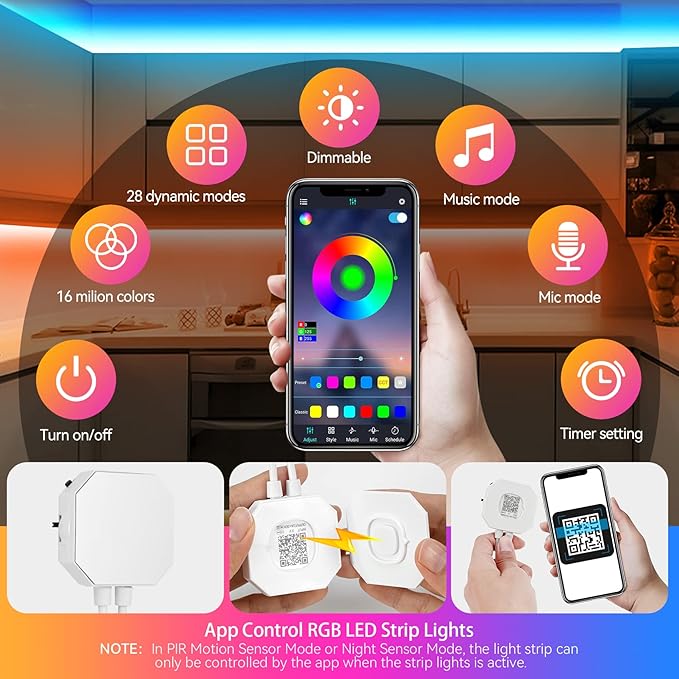 9.8Ft RGB LED Strip Lights, Motion Sensor Under Bed Lights, Indoor Usage, USB Powered, 3 Modes, App Control, RF Remote, SMD5050, for Bedroom, Kitchen, Stairs
