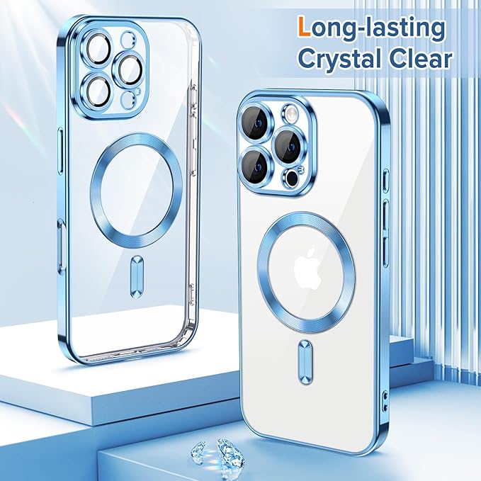 Hython Magnetic Clear for iPhone 16 Pro Max Case with Camera Lens Protector [Compatible with MagSafe] Plating Edge Slim Soft TPU Cover Protective Phone Case for iPhone 16 Pro Max 6.9", Light Blue