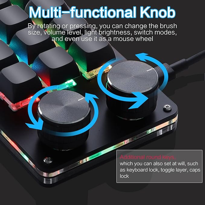 Koolertron Macro Programmable Keypad, One Handed Programmable Mechanical Keyboard, RGB Blue Switch Hot Swappable, 12 Keys 2 Knob Backlit Keypad for Working and Gaming, Black