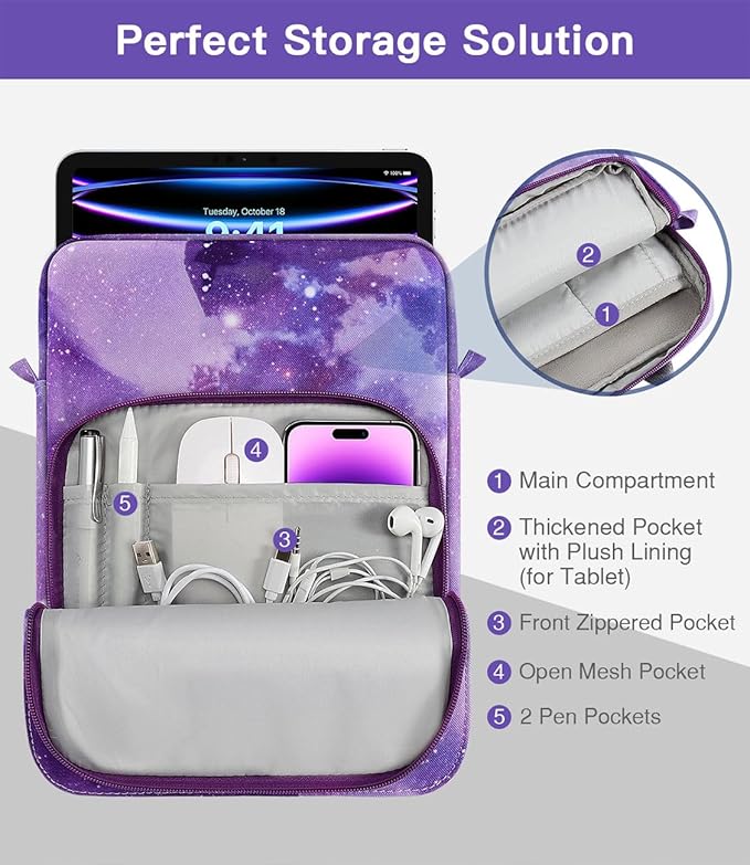 MoKo 9-11 Inch Tablet Sleeve Bag Handle Carrying Case with Shoulder Strap Fits iPad Pro/Air/A16 11 inch,iPad 10th 10.9,i-Pad 9/8/7th 10.2,iPadAir 5/4th 10.9,i-Pad 9.7,Tab S8/S9 11",Purple Starry