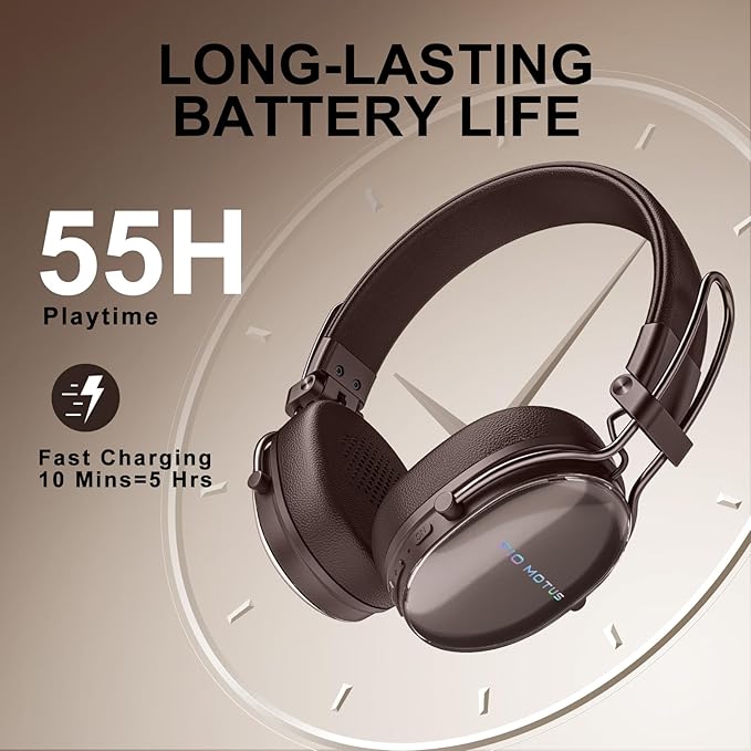 Active Noise Cancellation Wireless Bluetooth On-Ear Headphones:with - Hi Res Sound Up to 55H Battery Life, Lightweight, Comfortable, Foldable Design, for Home Office Travel, Dark Brown