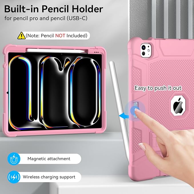 Case for iPad Pro 13 Inch Case (M5 2025/ M4 2024) with Pencil Holder, Built-in Stand, Military Grade Shockproof Protective Cover for iPad Pro 13" 8th/ 7th (Rose Gold)