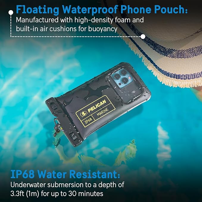 Pelican 4 Pack Marine - IP68 Waterproof Phone Pouch (Regular Size) Floating Waterproof Phone Case - Beach Cruise Ship Travel Essentials - Works w/All Phones - Detachable Lanyard - Black/Hi-Vis Yellow
