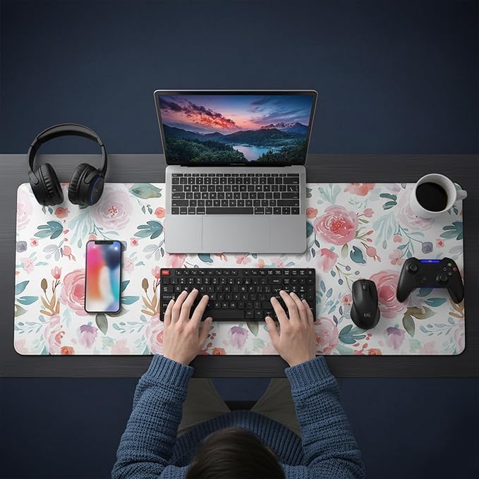 XXL Gaming Mouse Pad (47.2 x 23.6 Inch), Giant Floral Desk Blotter for Full Coverage, Watercolor Rose Garden Pattern, Anti-Slip Table Cover, Premium Soft Laptop Protector