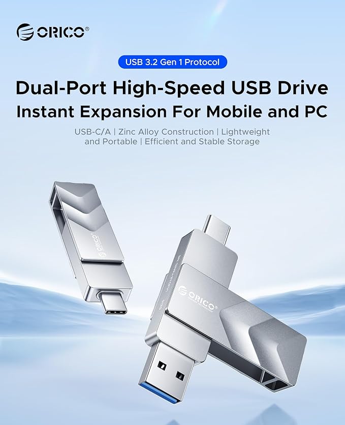 ORICO 128GB USB C Flash Drive, USB 3.2 Gen 1 Dual Drive 150MB/s, Zinc Alloy Thumb Drive with USB-A & USB-C for iPhone 16/15/17 Series, MacBook, Android Phone, iPad, PC, Laptop, Travel & Data Storage