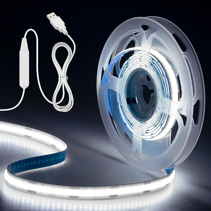 Aclorol 5V USB Powered Dimmable COB LED Strip Light 6.56FT Cold White LED Strip Light for Bedroom Dotless 640LEDs Tape Light for TV Backlight Roof Under Cabinet Wardrobe Mirror Lighting 6000K CRI85+