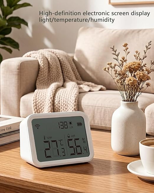 Smart WiFi Thermometer Hygrometer with Light Sensor - Indoor Temperature Humidity Monitor for Smart Home, Greenhouse, Basement, Thermometer Indoor with Display and App Alerts.