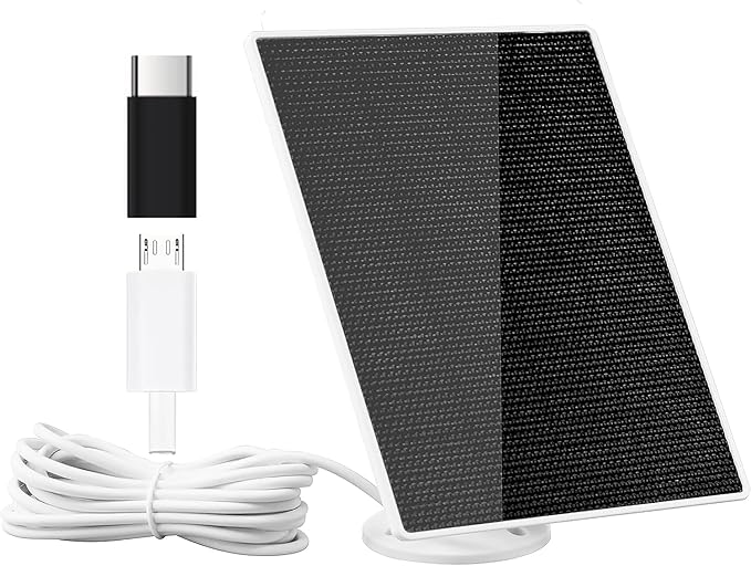 DCT Solar Panel for Security Camera, 5W with Micro USB & Type-C Port, IP65 Waterproof Outdoor DC 5V Rechargeable Battery 360° Adjustable Mounting Bracket, 10ft Cable, Black, 6.6*4.85*1.5IN, S5