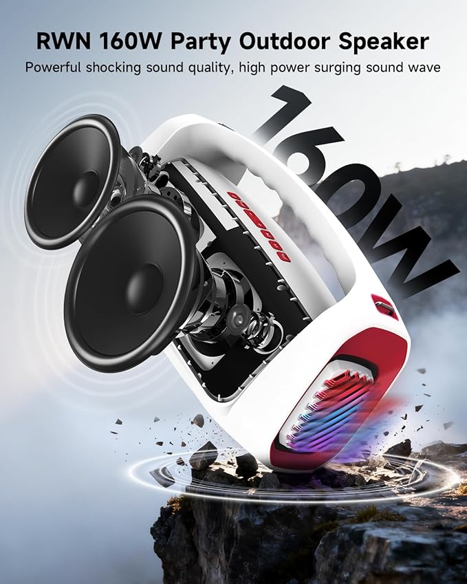 RWN Outdoor Bluetooth Speaker: 160W Loud Sound, IP67 Waterproof with 24H Playtime, Fast Charge, Bass, TWS, Portable Wireless Speakers with Light Show for House, Party, Projector, Beach (RED+White)
