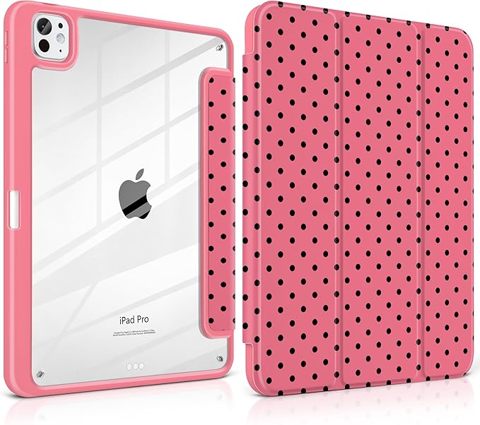 Case for iPad Pro 11 Inch (M5 2025 M4 2024) – [Built-in Pencil Holder], Shockproof & Stylish, Clear Hard Back + Soft TPU Edge, Magnetic Trifold Stand, Auto Wake/Sleep, Rose red Polka dot