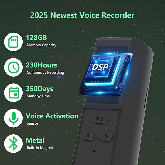 128GB Digital Voice Recorder with Playback: Magnetic Audio Recorder with AI Noise Cancellation, 230 Hours Continuous Recording Device, Voice Activated Recorder for Lectures Meetings Interviews