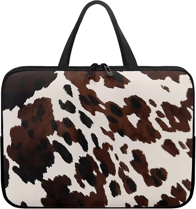Cow Print Brown 13 Inch Laptop Sleeve, Laptop Cover Computer Bag Tablet Carrying Case with Handle, Waterproof Zipper Tote Bags Notebook Sleeves Handbag Messenger Briefcase