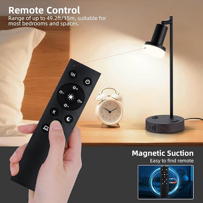 Industrial Table Lamp with Remote Control for Stepless Dimmer & Temperatures, Bedside Lamp with USB C+A Ports and AC Outlet, Flexible Head-Desk Lamp for Bedroom, Living Room, Office (Black)