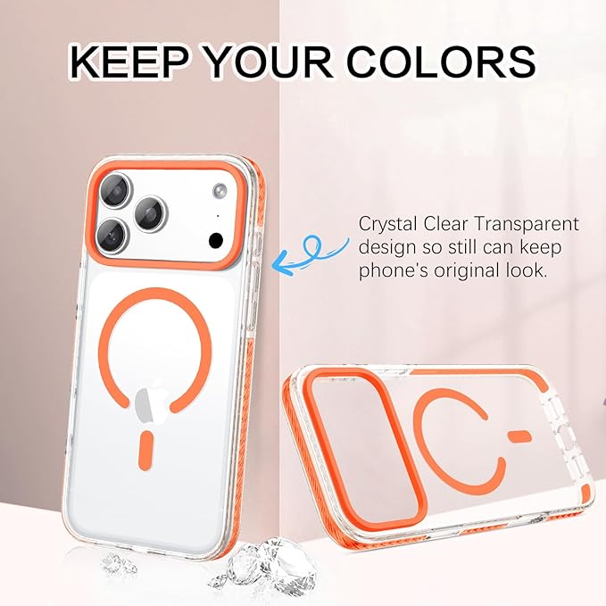 BENTOBEN Magnetic for iPhone 17 Pro Case 6.3", Compatible with Magsafe Military Shockproof Protective Cute Transparent Slim Anti-Yellowing Phone Case for iPhone 17 Pro Cover, Clear Orange