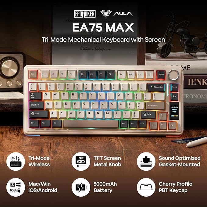 EPOMAKER X Aula EA75 MAX Wireless Gaming Keyboard with Screen & Knob, 5000mAh, Hot-Swap, Lubed Switches, RGB Backlit, Creamy Gasket, 75% Mechanical Keyboard (Retro White, Reaper Switch)