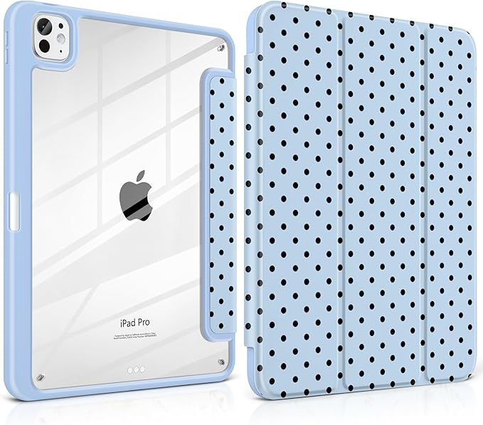 Case for iPad Pro 13 Inch (M5 2025 M4 2024) – [Built-in Pencil Holder], Shockproof & Stylish, Clear Hard Back + Soft TPU Edge, Magnetic Trifold Stand, Auto Wake/Sleep, Blue Polka dot