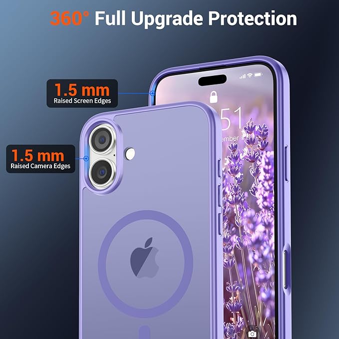 SUPFINE Magnetic for iPhone 16 Case (Compatible with MagSafe) (Military Grade Drop Protection) Slim Translucent Matte Shockproof with Anti-Fingerprint Phone Case,Purple