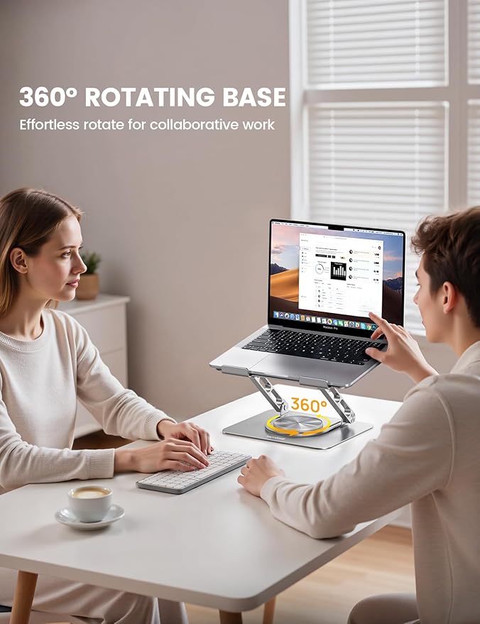 Lamicall Adjustable Laptop Stand for Desk - 360 Rotating Base Ergonomic Computer Stand, Aluminum Laptop Riser Foldable Protable for Office Home fits MacBook Neo Air Pro, Dell, HP (10-17.3'') -Sliver