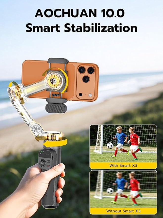 AOCHUAN Gimbal Stabilizer for iPhone w/AI Tracking Module &Fill Light, 3-Axis Anti-Shake Phone Stabilizer w/Magnetic Remote, Gesture Control, One-Tap Tripod Release, Built-in Extension Rod,Smart X3AI