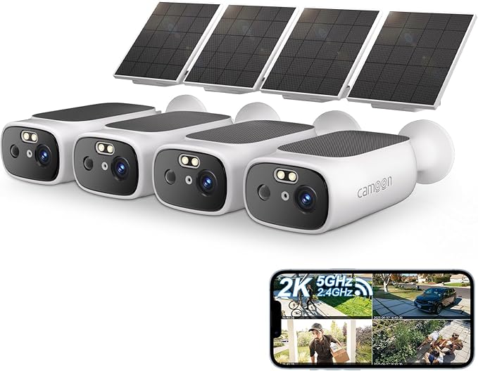 2K Solar Security Cameras Wireless Outdoor-2.4/5Ghz WiFi Cameras for Home Security, AI Motion Detection, Color Night Vision, SD Card/Cloud Storage, Waterproof, Work with Alexa/Google Home (4 Cameras)