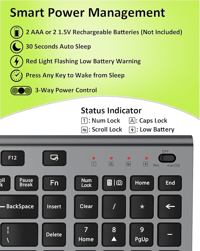 FENIFOX Wireless Silent Keyboard, Ultra Quiet USB C Low Profile Compact Full Size with Number Pad Flat Slim Thin Soft Touch for Mac Computer MacBook iMac PC Laptop Desktop Office (Black and Grey)