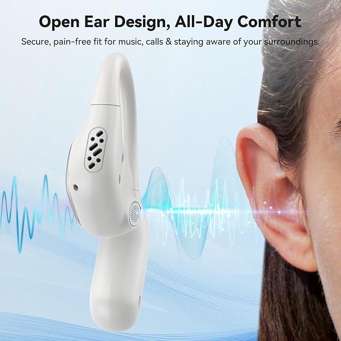 TECKNET Open Ear Headphones, Over the Ear Earbuds with Bluetooth 6.0, Smart Digital Display, 40H Playtime, IPX5 Waterproof, USB-C Fast Charging, Touch Control for Travel, Cycling, Running, White