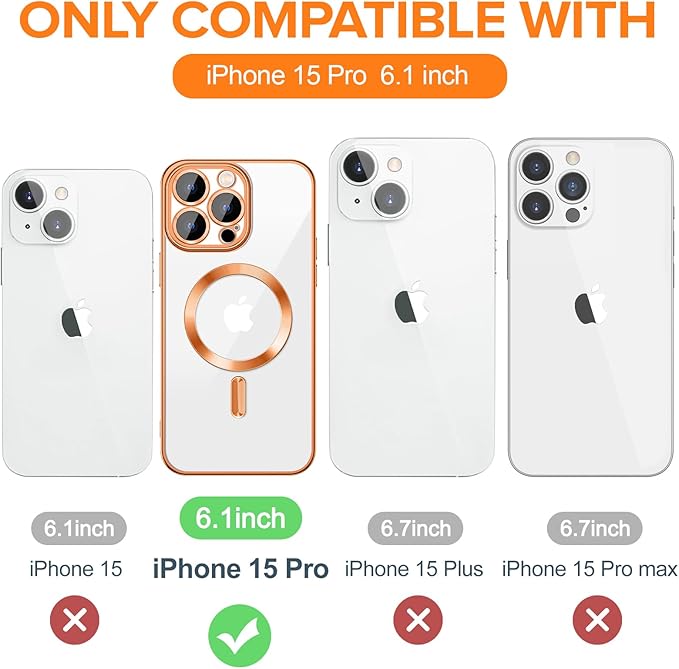 Hython Magnetic Clear for iPhone 15 Pro Case with Camera Lens Protector [Compatible with MagSafe] Luxury Plating Edge Slim Soft TPU Cover Protective Phone Case for iPhone 15 Pro 6.1", Orange