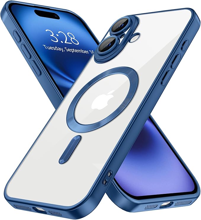 Hython Magnetic Clear for iPhone 16 Case with Camera Lens Protector [Compatible with MagSafe] Luxury Plating Edge Slim Soft TPU Cover Protective Phone Case for iPhone 16 6.1", Matte Deep Blue