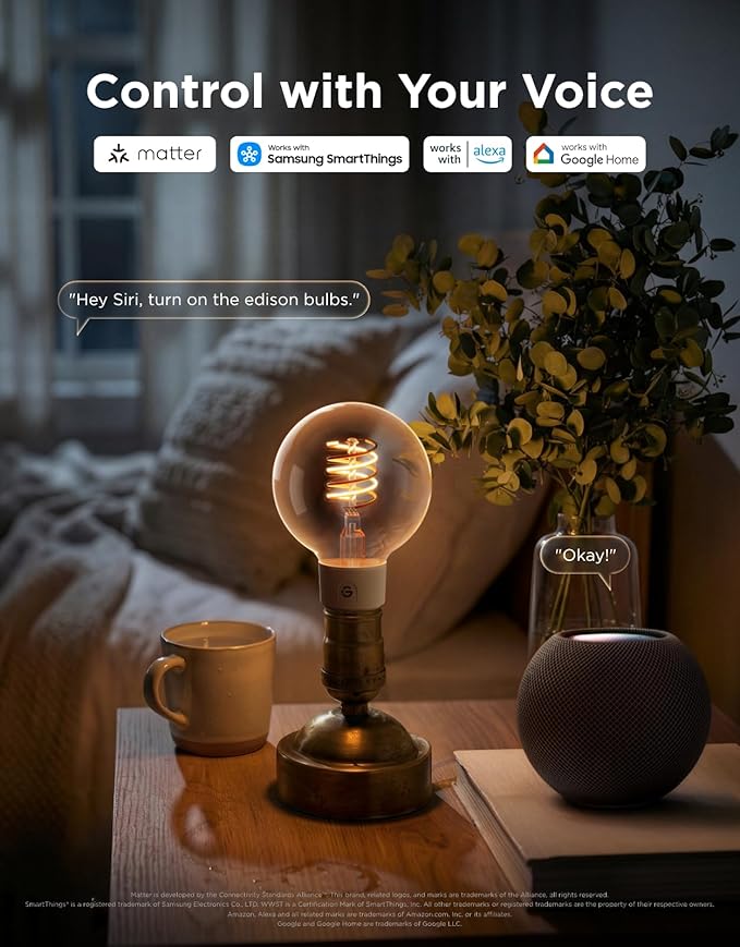 Govee Edison Bulbs, Smart Vintage Light Bulbs, RGBWW Color Changing and Tunable White, Compatible with Matter, Alexa & Google Assistant, G25 Vanity Light Bulb for Living Room Kitchen E26 Base 4 Pack