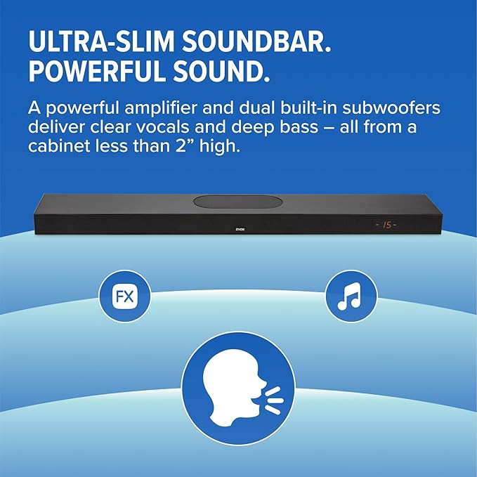 ZVOX AccuVoice AV855 Dialogue Clarifying Soundbar - Patented Hearing Technology with 20 Levels of Voice Boost, Dual Subwoofers, Low-Profile TV Speaker for Home Theater and Smart TV - Black