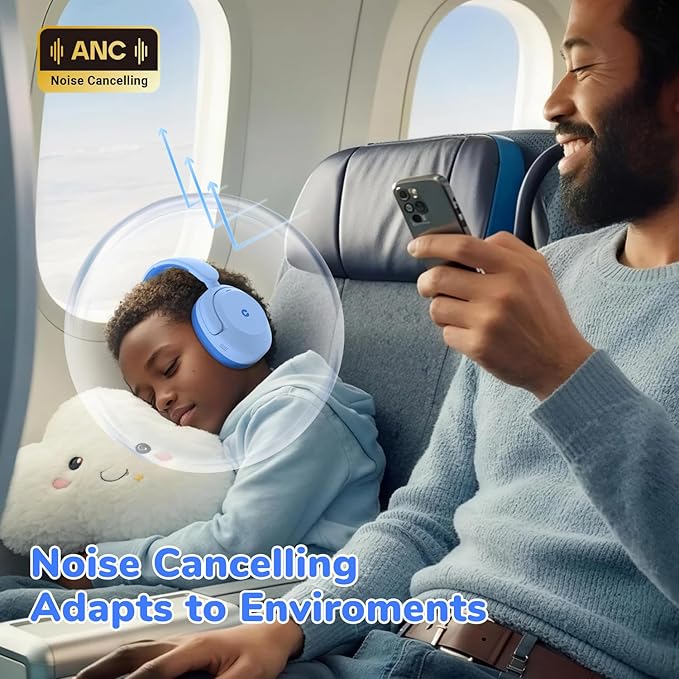 iClever BTH20 Active Noise Cancelling Headphones for Kids, 60H Play Time, Fast Charging, Safe Volume 80dBA, Bluetooth5.4, Award-Winning Kids Headphones Wireless for iPad Airplane, Light Blue