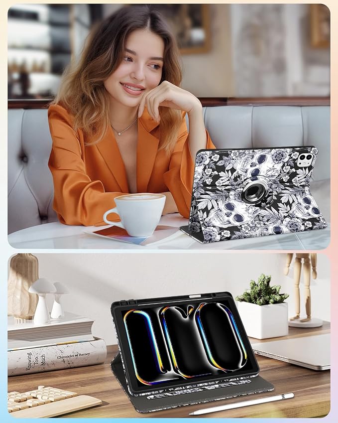 Kidcube for iPad Pro 13 Inch Case M4 2024 - Women Girl Cute Rotating Stand Folio Cover with Pencil Holder & Card Slot Flower Goth Skull Unique Design for iPad Pro 13 Inch Case 2024 (A2925 A2926 A3007)