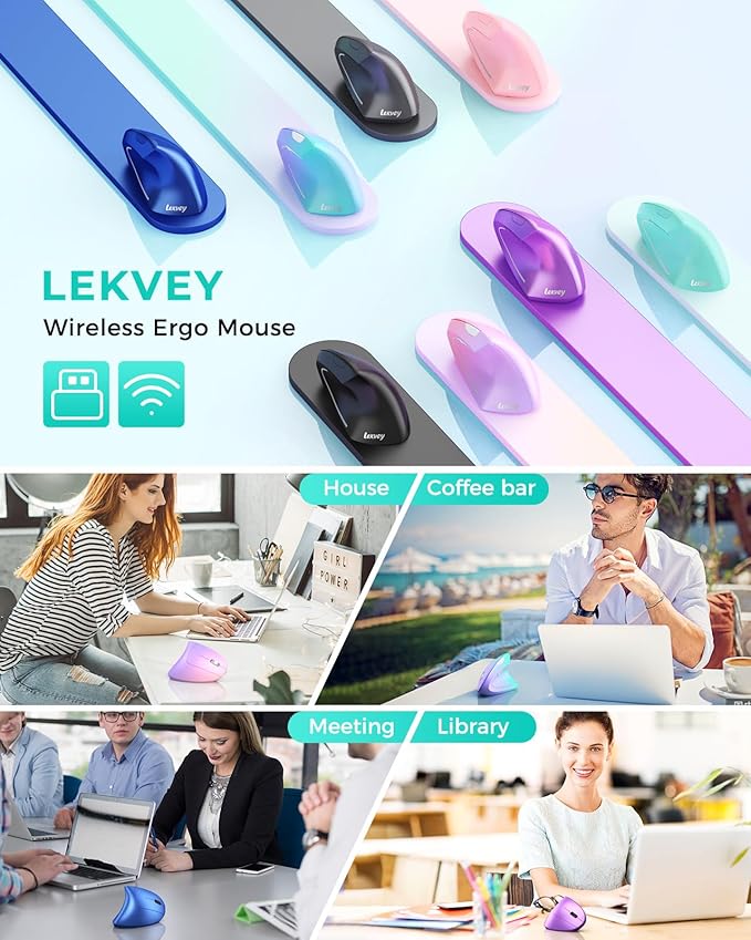 Lekvey Ergonomic Mouse, Vertical Wireless Mouse Rechargeable 2.4 GHz Optical Carpal Tunnel Mouse : 800/1200 / 1600 DPI, 6 Buttons, for Laptop, PC, Mac, Computer, Desktop, Notebook etc, Green
