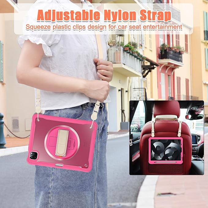 Batianda Case for iPad Pro 11-inch 2022 4th M2 Chip /2021 (3rd Generation) Heavy Duty Rugged Shockproof Tablet Cover with 360° Rotating Hand Strap Foldable Hidden Stand & Shoulder Strap, Pink