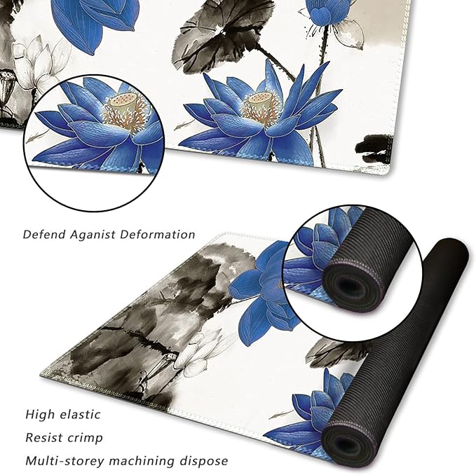 ARTSO Large Gaming Mouse Pad with Stitched Edges, XXL Extended Keyboard Mat Long Mousepad Desk Decor Writing Pad 35.1x15.7 in, Non-Slip Base for Work, Game, Office, Home, Blue Lotus Ink Painting