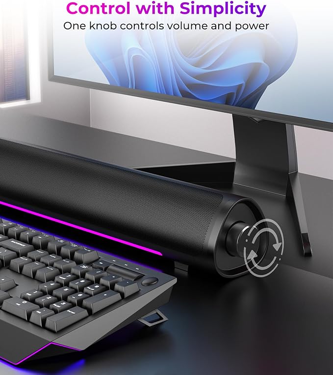 Computer Speakers for Desktop PC, Gaming PC Sound Bar, Plug and Play - USB Power with 3.5mm Audio, RGB Gradient Lighting, One-knob Control, for Computers/Laptops/Monitors