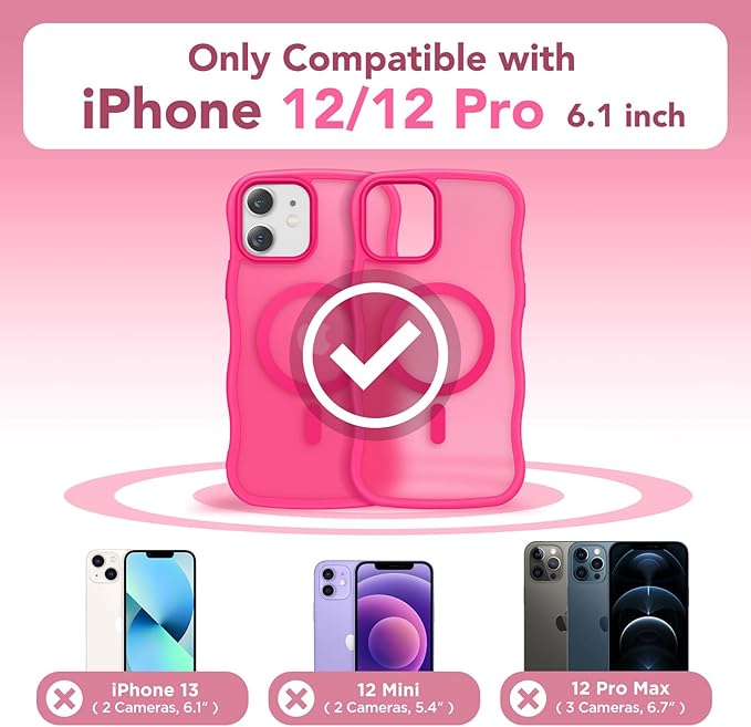 CAPRARO Cute for iPhone 12 Case & iPhone 12 Pro Case, Compatible with MagSafe, [Curly Wave Edge] [Camera Protection] [14 FT Drop Protection] Magnetic for iPhone 12/12 Pro, Hot Pink