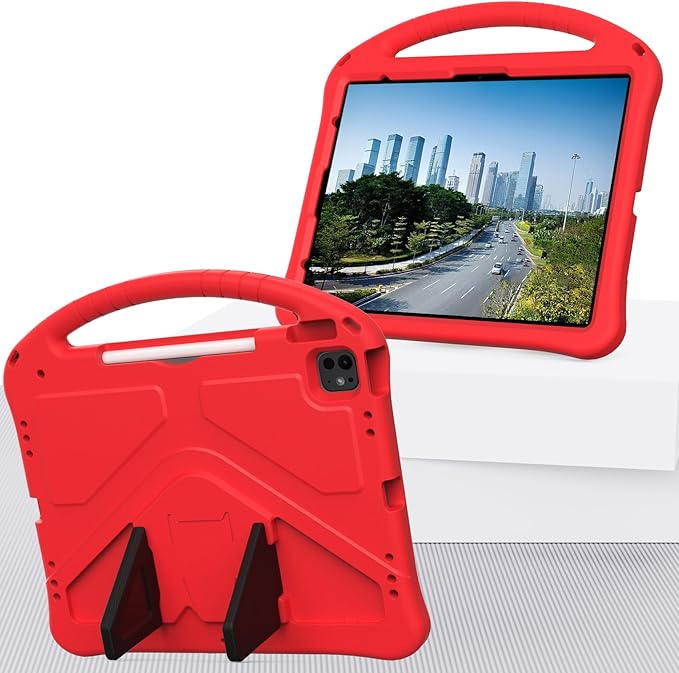 Kids Friendly Case for Apple iPad Air 11 M4 M3 M2 2026 2025 2024/ iPad Pro 11 M5 M4 2025 2024, EVA Durable Shockproof Handle Kickstand Lightweight Cover Case with Shoulder Strap, Red