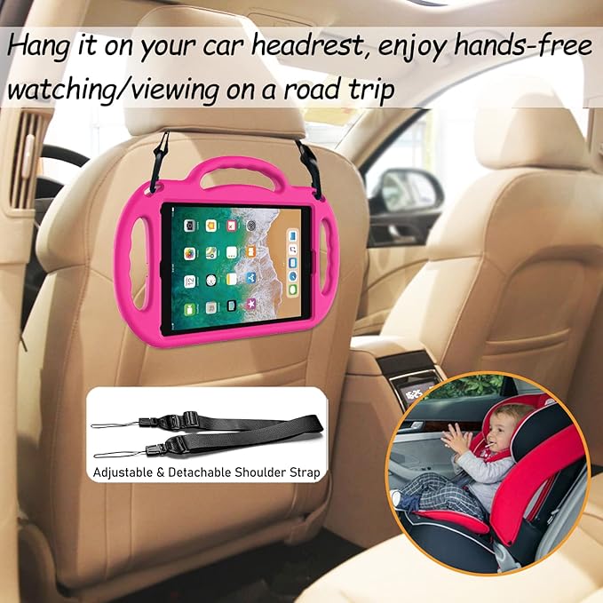LTROP Kids Case for iPad 5th/6th Generation (2017/2018) & Air 2, Shoulder Strap Handle Stand Shockproof Bumper Cute Kid Case for iPad 9.7 Inch, Pink