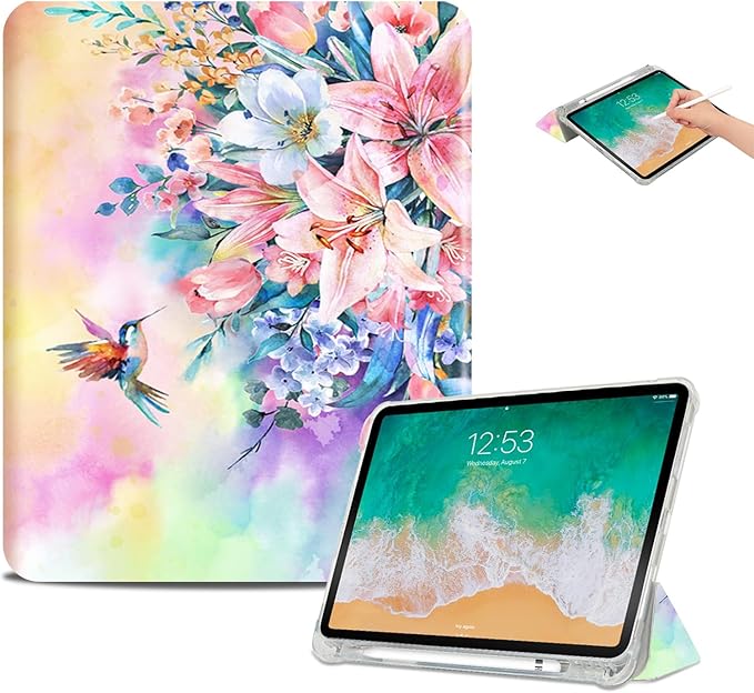 Vimorco for iPad (A16) Case 11th Generation 2025, for iPad 11th/10th Generation Case Pencil Holder, Typing Stand & 2 Viewing Angles, Faux Leather Slim Cover, Auto Sleep/Wake, Hummingbird & Lily
