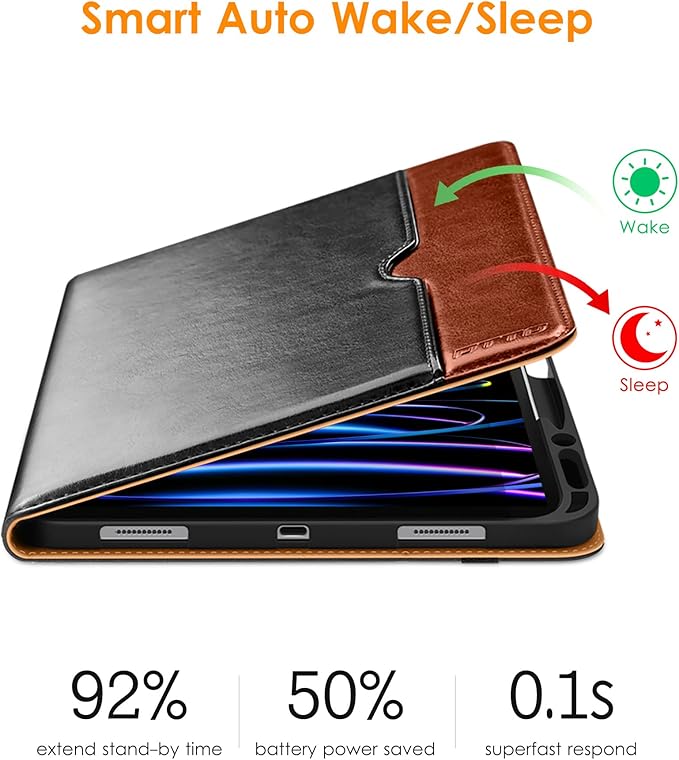 DTTO for iPad Pro 12.9 6th / 5th / 4th / 3rd Generation Case 2022/2021/2020/2018, Leather Folio Stand Cover with Built-in Apple Pencil Holder -Auto Wake/Sleep and Multi Viewing Angles, Black Brown