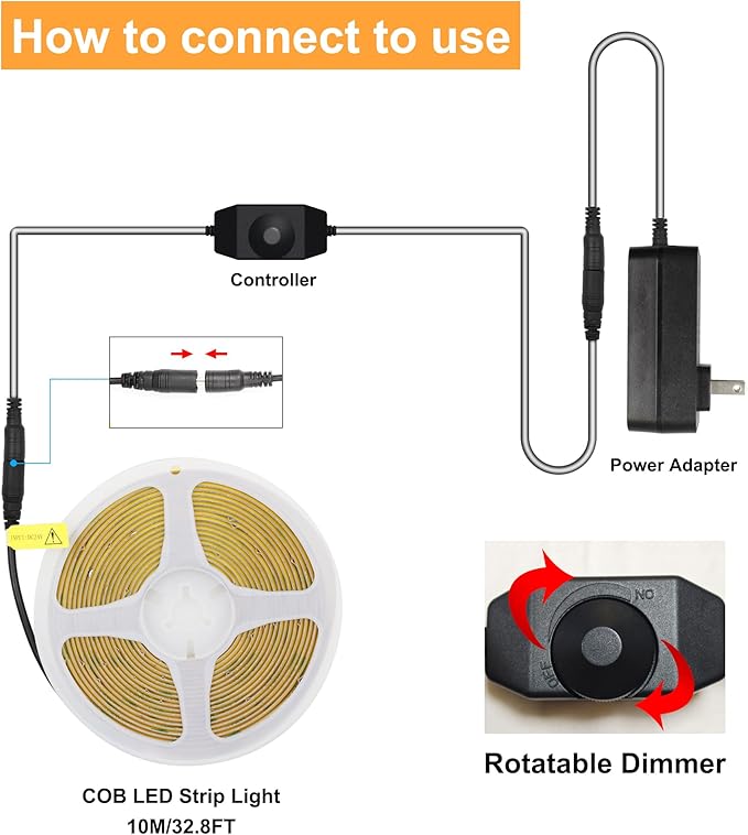 AXMOTUT 32.8ft COB LED Strip Lights 4000K Dimmable, High CRI 93+ with Power Adapter, Flexible Light Strips for Bedroom, Room, Kitchen, Mirror （Remote Control not Included）