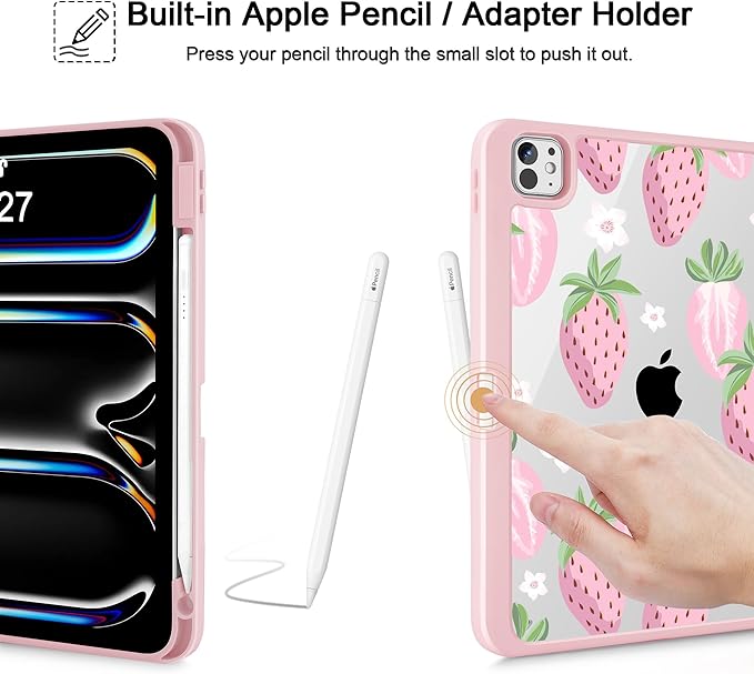 May Chen Case for iPad Pro 11-Inch M5/M4 2025/2024 (6th/5th Generation), [Penceil Holder] Trifold Stand Auto Wake/Sleep Clear TPU Protection Back Cover, Strawberries