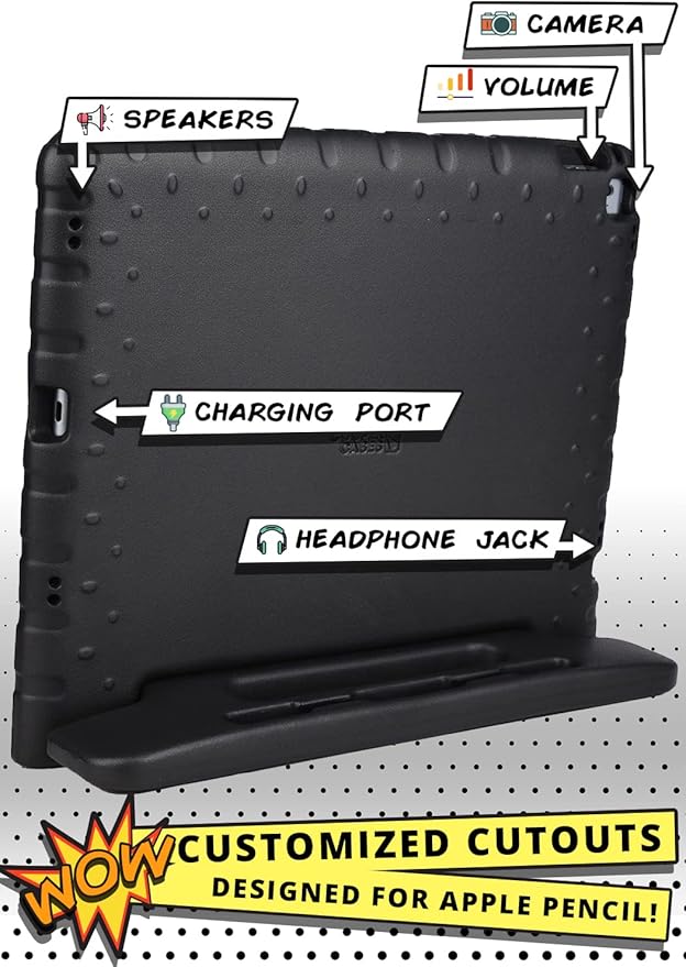 Official Cooper Dynamo Kids iPad Pro 12.9 Case for 1st/2nd Generation (2015/2017) | Unbreakable Protection, Magic Handle, Stand & Pencil Holder (NOT for 2018-2022 3rd-6th Gen) (Licorice Black)