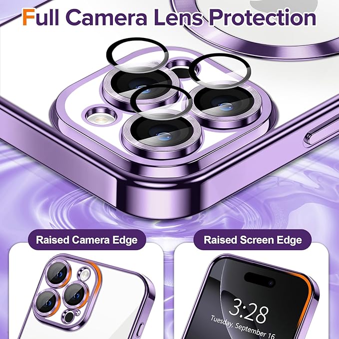 Hython Magnetic Clear for iPhone 16 Pro Case with Camera Lens Protector [Compatible with MagSafe] Luxury Plating Edge Slim Soft TPU Cover Protective Phone Case for iPhone 16 Pro 6.3", Deep Purple